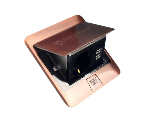 Розетка для підлоги з заземленням врізна 16А + 2USB 2.1А, IP44 , антична мідь
