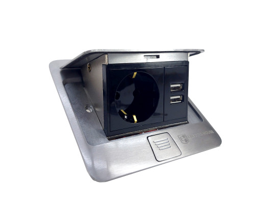 Розетка для підлоги з заземленням врізна 16А + 2USB 2.1А, IP44 , алюміній