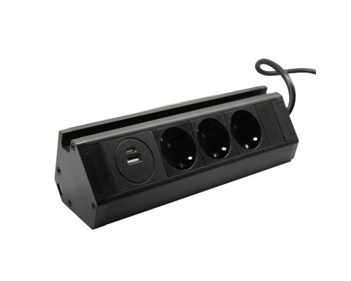 Меблева розетка кухонна горизонтальна з кабелем 3x16А, USB A+C 3.4А, чорний
