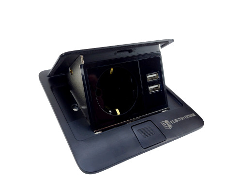 Розетка для підлоги з заземленням врізна 16А + 2USB 2.1А, IP44 , чорний