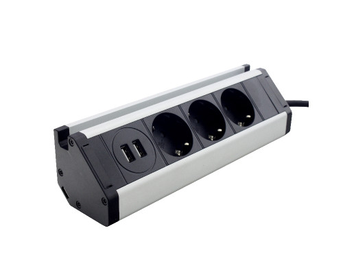 Меблева розетка кухонна (горизонтальна)  3 x 16А, 2 x USB 2.4А, метал + провід 3 x 1.5 mm²